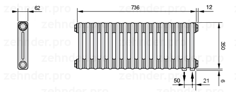 Схема (чертеж) Радиатор Zehnder Charleston 2035/16 №5510 Белый глянцевый RAL 9016